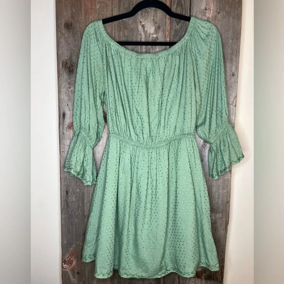 Tularosa Aritzia Luna Green Off The Shoulder Ruffle Mini Dress sz M - Picture 6 of 13